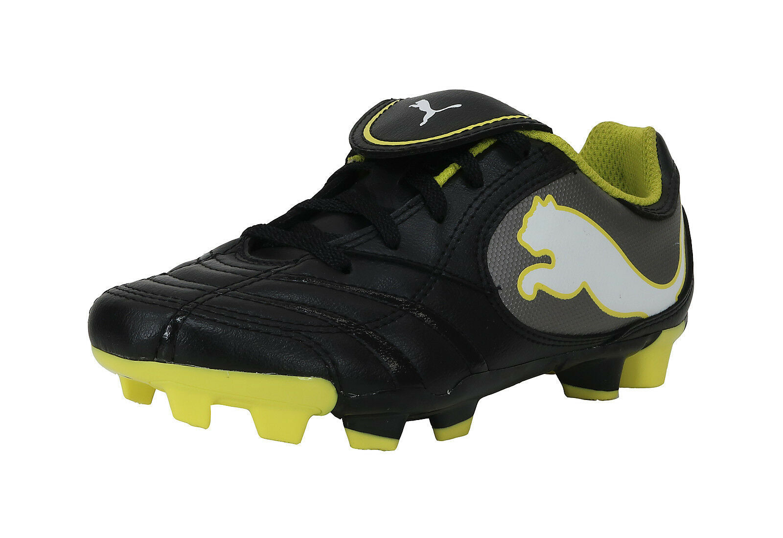 Puma Big Shoes Power Cat FG Jr Black/Yellow Youth Cleats ShoeAngle.com