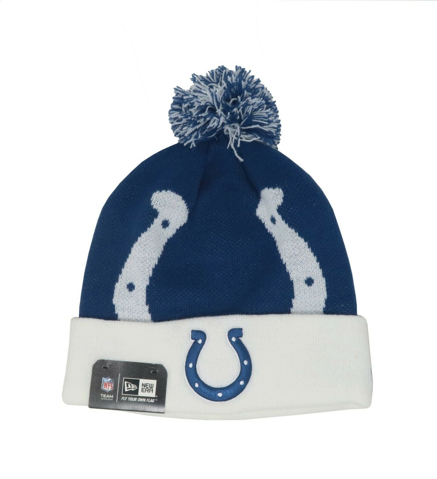 New Era NFL Indianapolis Colts Beanie Royal Blue White Pom Knit Hat