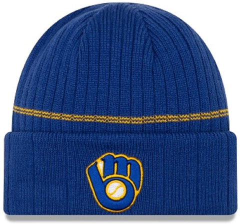 New Era MLB Milwaukee Brewers Cuffed Beanie Royal Blue Striped Ribbed Lined Knit Hat