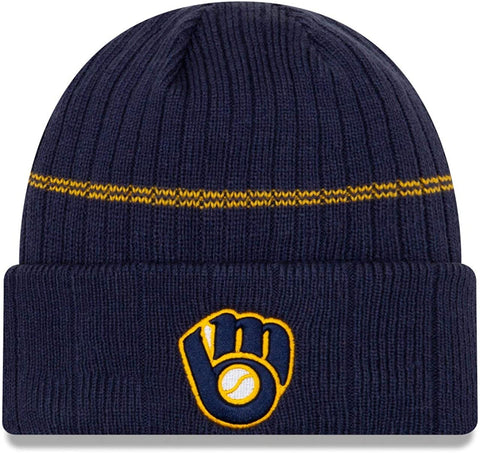 New Era MLB Milwaukee Brewers Cuffed Beanie Navy Blue Striped Ribbed Lined Knit Hat
